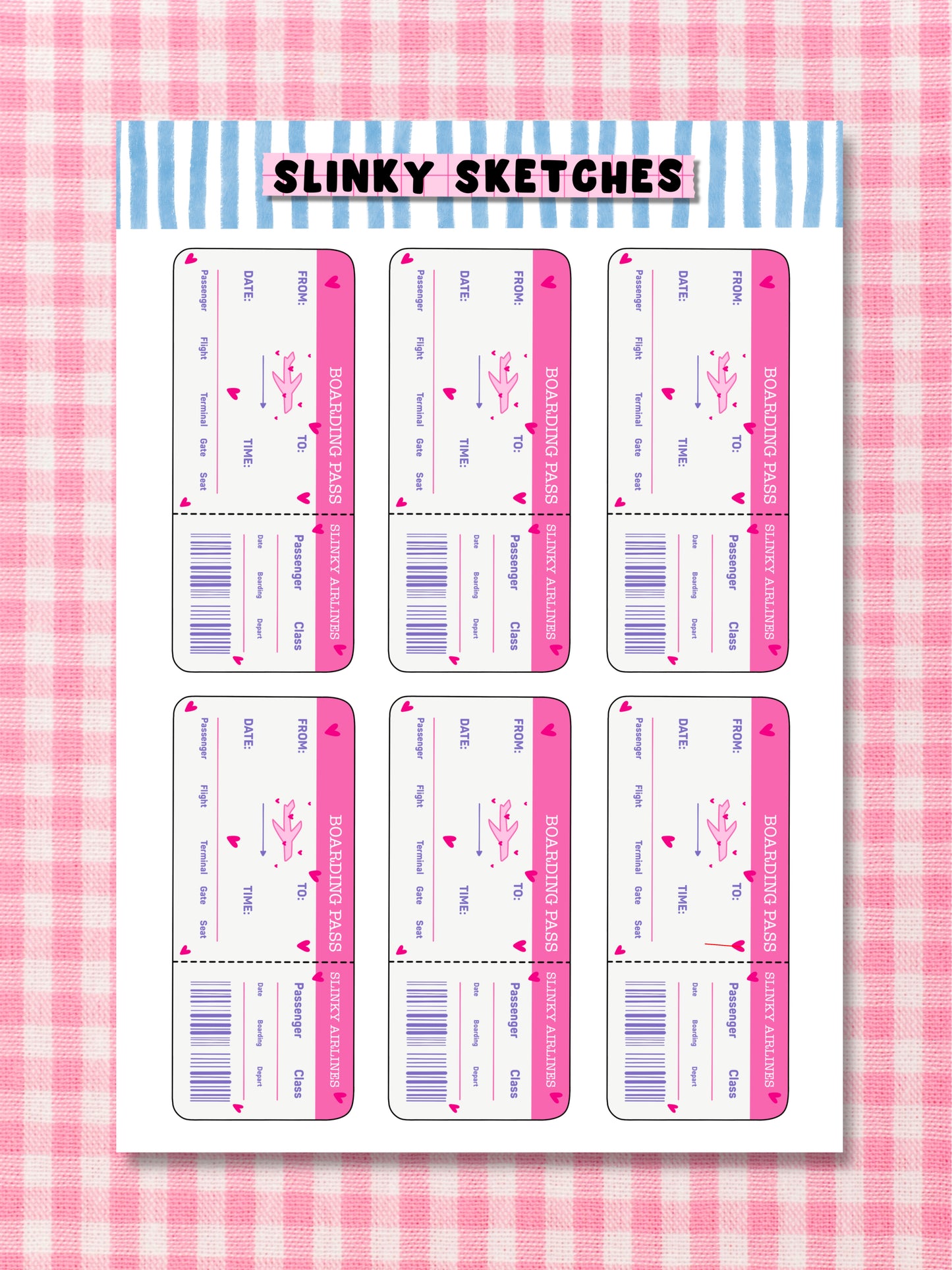Slinky Airlines Boarding Passes A6 Sticker Sheet