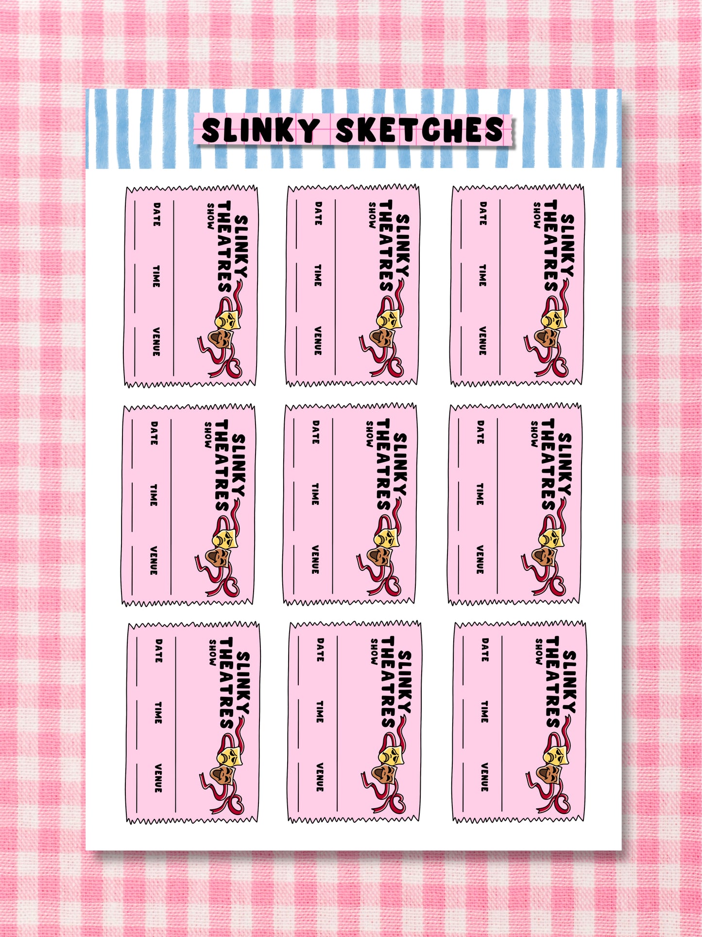 Slinky Theatre Tickets A6 Sticker Sheet