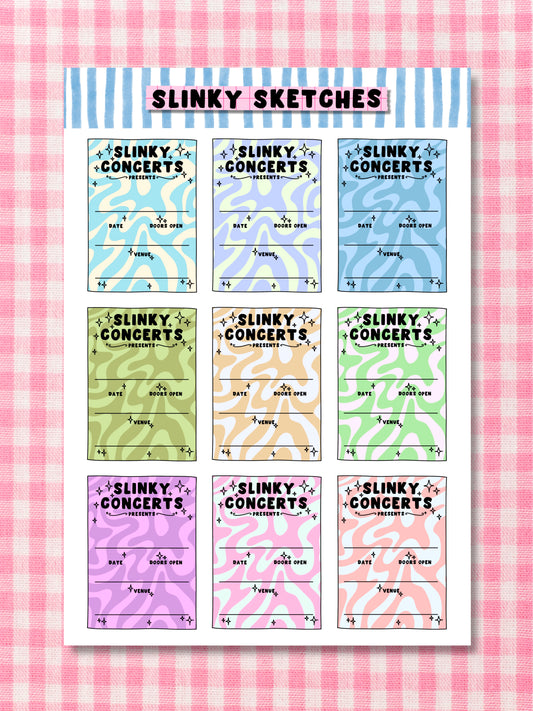 Slinky Concert Tickets A6 Sticker Sheet