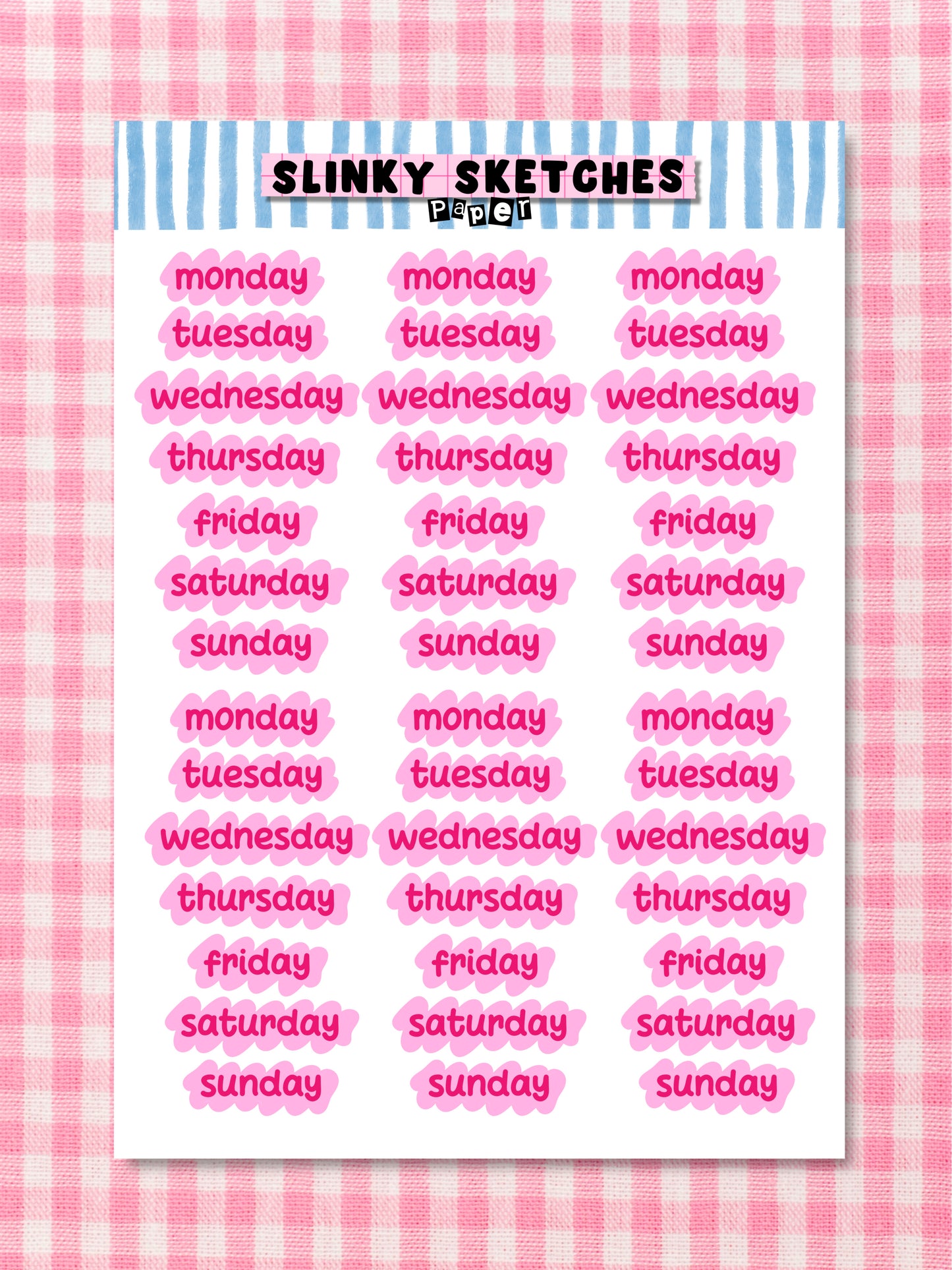 A5 Paper Pink Weekdays Sticker Sheet