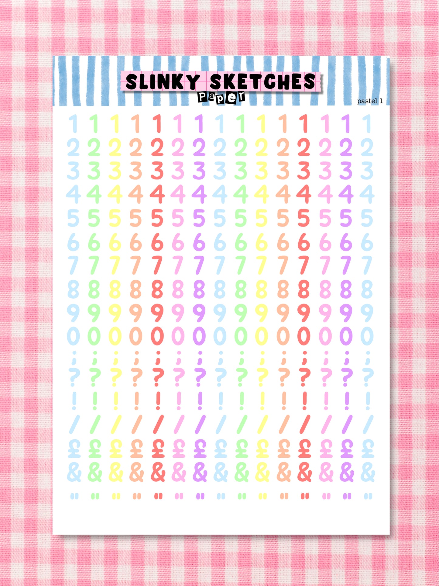 A5 Paper Pastel 1 Numbers etc Sticker Sheet